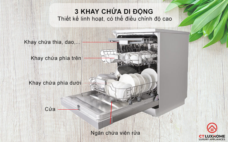 Khoang rửa inox cao cấp, 3 khay chứa di động