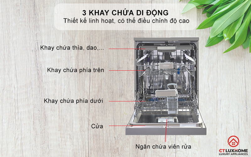 Khoang rửa inox cao cấp, 3 khay chứa di động