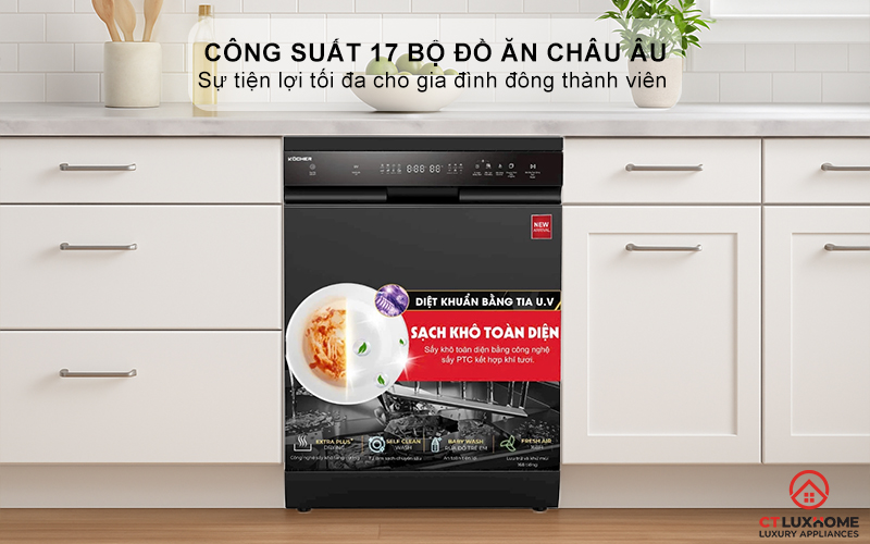 Dung tích chứa lớn, công suất rửa 17 bộ đồ ăn Châu Âu