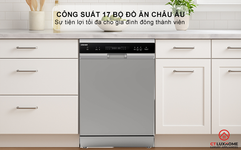 Dung tích chứa lớn, công suất rửa 17 bộ đồ ăn Châu Âu