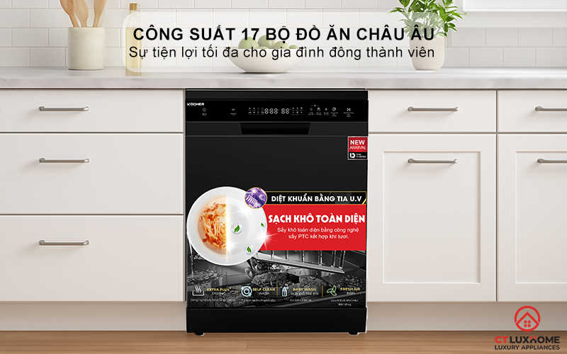 Dung tích chứa lớn, công suất rửa 17 bộ đồ ăn Châu Âu