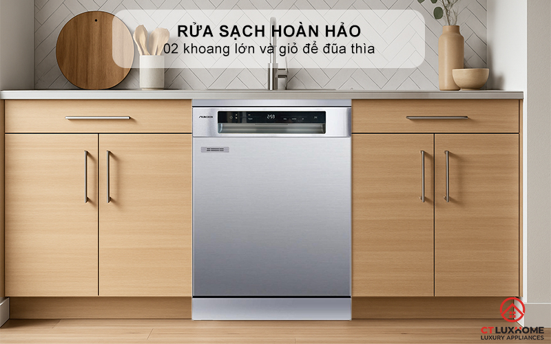 Rửa sạch hoàn hảo với 02 khoang lớn và giỏ để đũa thìa
