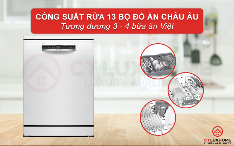 Dung tích chứa lớn, công suất rửa tối đa 13 bộ phục vụ gia đình 4 - 6 người