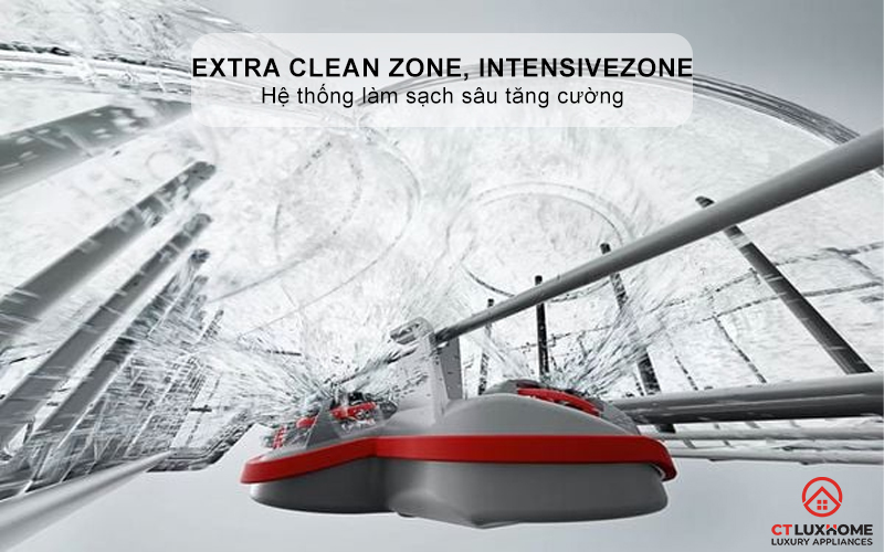 Tăng áp lực nước giàn giữa giúp làm sạch bát đĩa hơn với Extra Clean Zone kết hợp giàn dưới cùng với Intensive Plus