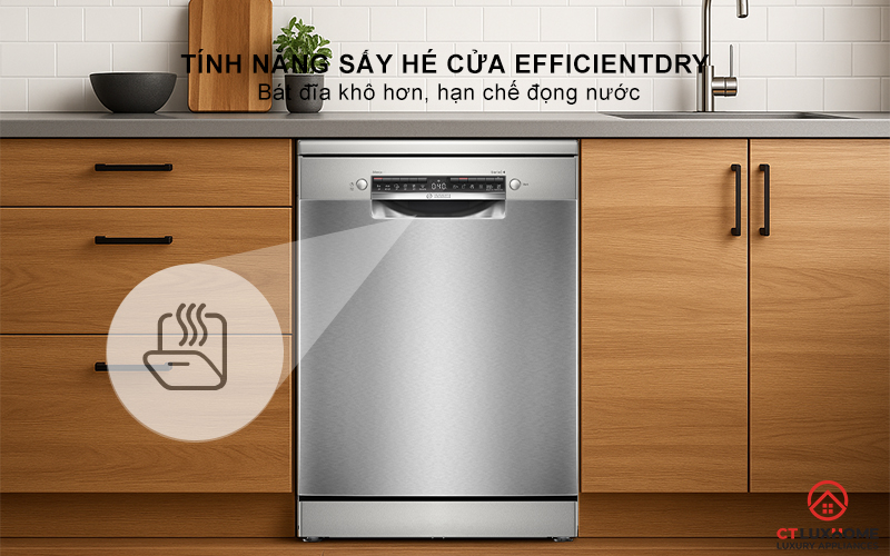 Tính năng sấy hé cửa EficientDry giúp bát đĩa khô hơn, hạn chế đọng nước