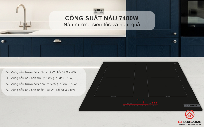 Nấu nướng nhanh chóng với 4 vùng nấu tổng công suất 7400W
