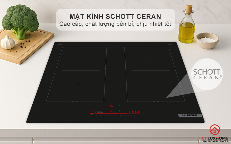 Mặt kính Schott Ceran cao cấp bền bỉ, chịu nhiệt tốt, dễ vệ sinh