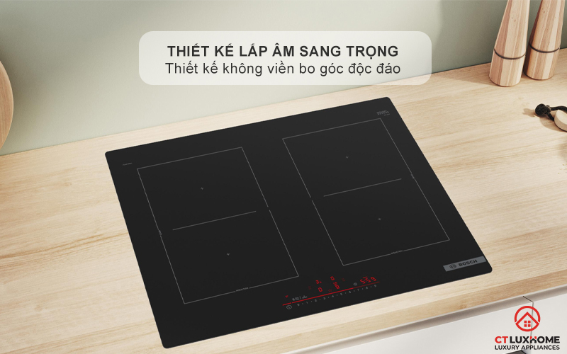 Thiết kế không viền sang trọng của bếp từ Bosch PVQ61RHB1E trên mặt đá