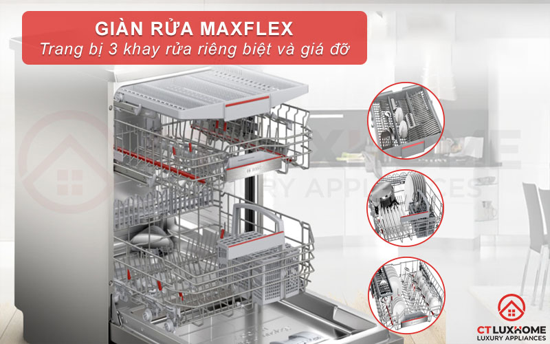 Giàn rửa MaxFlex linh hoạt cùng khớp nối Rackmatic khay điều chỉnh 3 nấc sắp xếp gọn gàng 