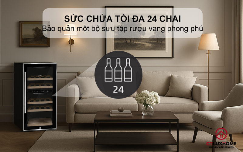 Sức chứa tối đa 24 chai giúp người dùng thoải mái bảo quản