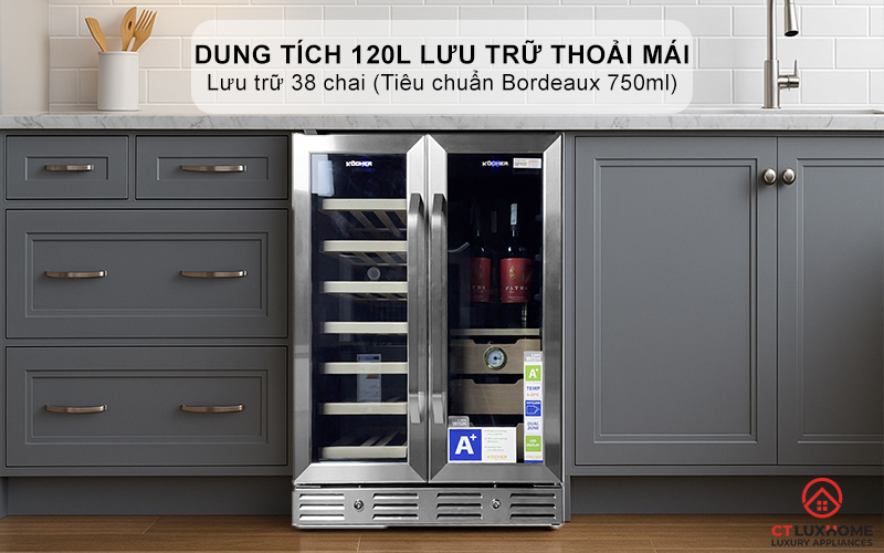 Dung tích 120L lưu trữ thoải mái, lưu trữ 38 chai (Tiêu chuẩn Bordeaux 750ml)