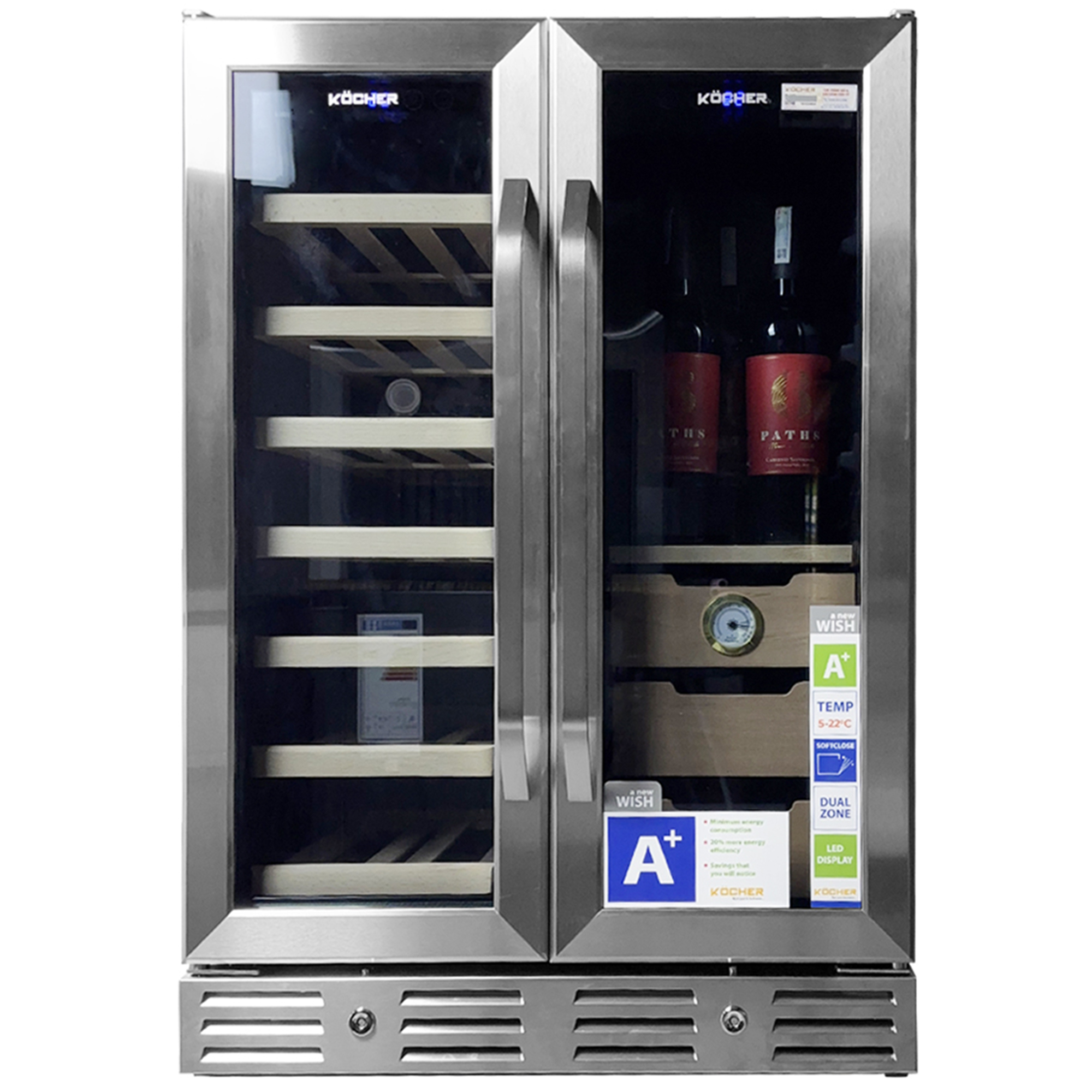 TỦ BẢO QUẢN RƯỢU - CIGAR SIDE BY SIDE KOCHER KCWEU-3338 120L MÀU INOX KCWEU3338