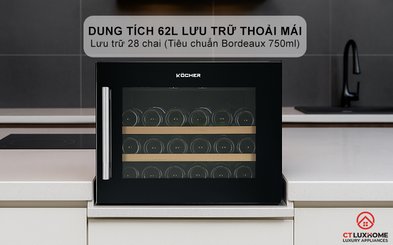 Dung tích 62L lưu trữ thoải mái, lưu trữ 28 chai (Tiêu chuẩn Bordeaux 750ml)