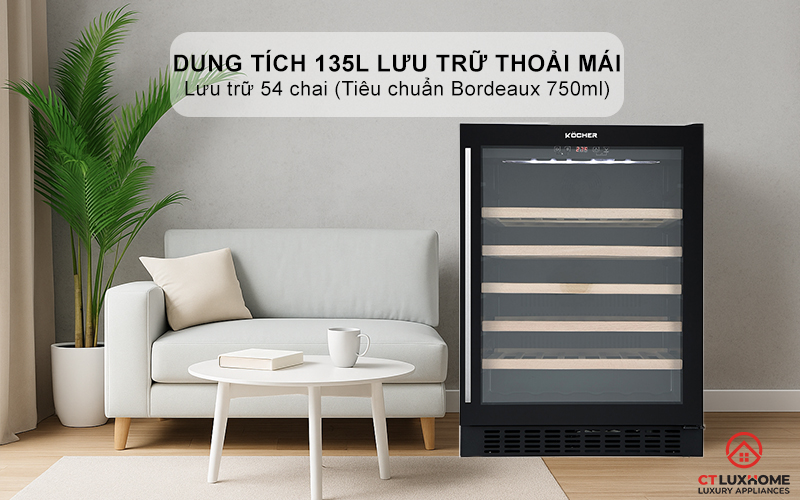 Dung tích 135L lưu trữ thoải mái, lưu trữ 54 chai (Tiêu chuẩn Bordeaux 750ml)