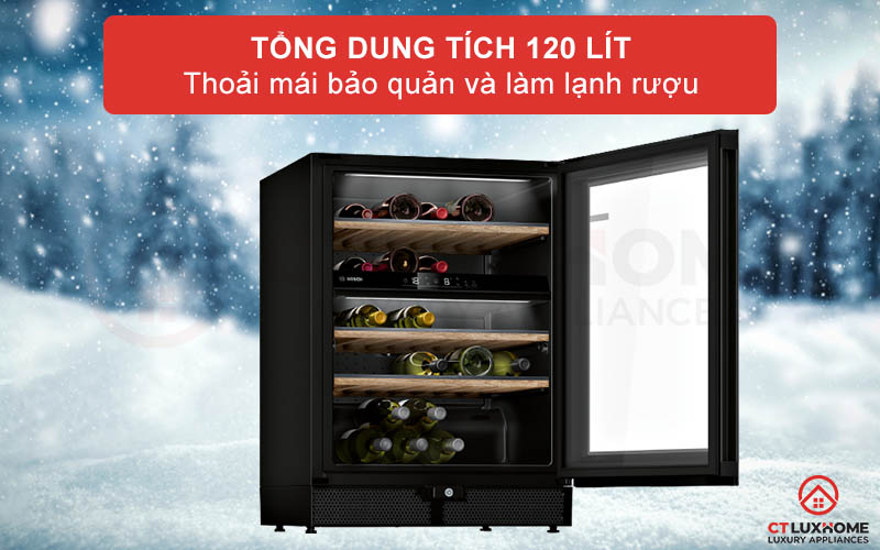 Tủ rượu Bosch KWK16ABGA có dung tích chứa 120 lít có thể cất giữ được 44 chai rượu vang 0.75 lít