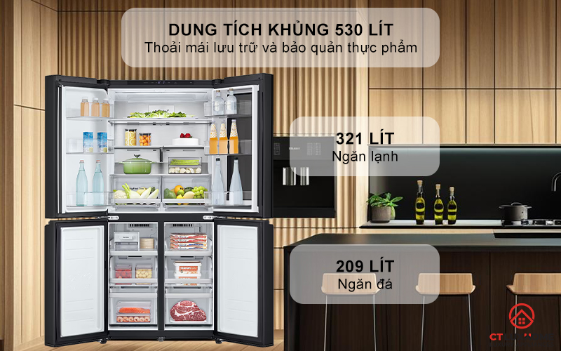 Dung tích khủng lên đến 530 lít lưu trữ thực phẩm lý tưởng cho gia đình đông thành viên