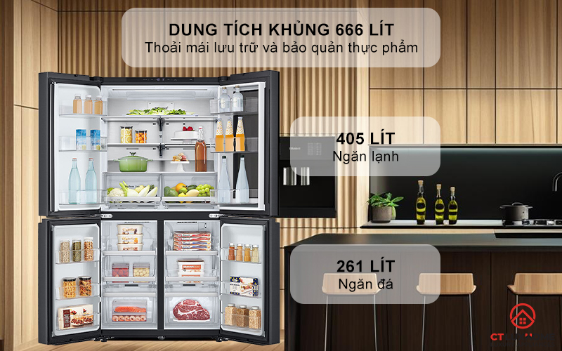 Với dung tích lớn 666 lít đáp ứng nhu cầu lưu trữ của gia đình đông thành viên