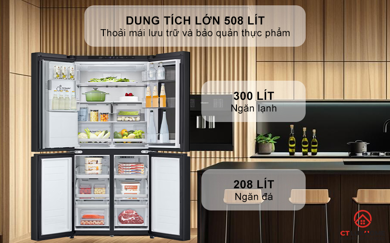 Dung tích khủng lên đến 508 lít - không gian lưu trữ rộng rãi, tối ưu hóa nhu cầu bảo quản thực phẩm