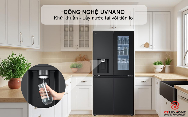 Công nghệ khử khuẩn vòi lấy nước ngoài UVnano™ giúp việc lấy nước làm đá nhanh chóng, tiện lợi với hệ thống tự động 