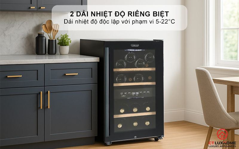 2 dải nhiệt độ riêng biệt, bảo quản nhiều loại rượu