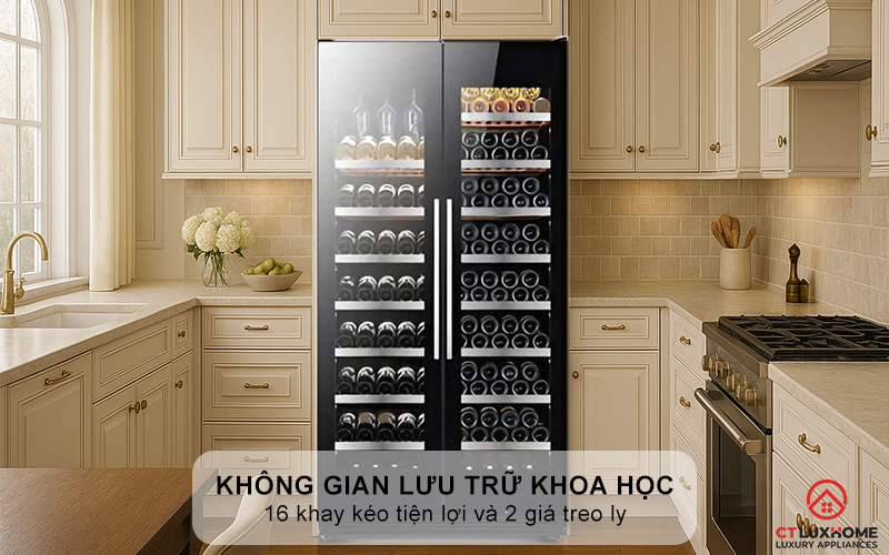 Không gian lưu trữ khoa học với giàn treo ly và ngăn kéo gỗ sồi