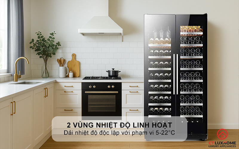 2 vùng nhiệt độ linh hoạt, phù hợp nhiều loại rượu