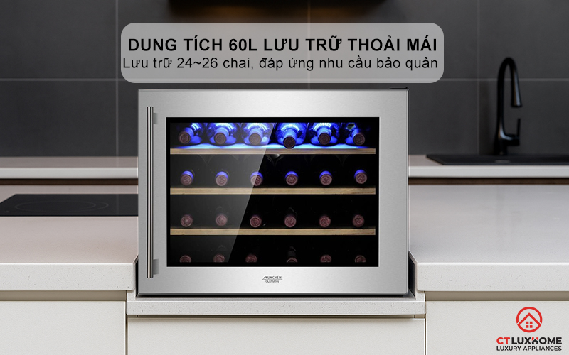 Dung tích 60L lưu trữ thoải mái, lưu trữ 24~26 chai