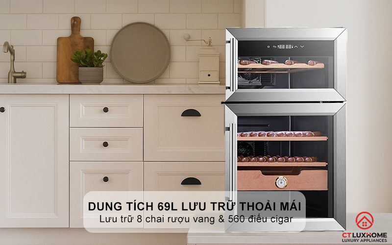 Dung tích 69L thoải mái lưu trữ 8 chai rượu vang & 560 điếu cigar