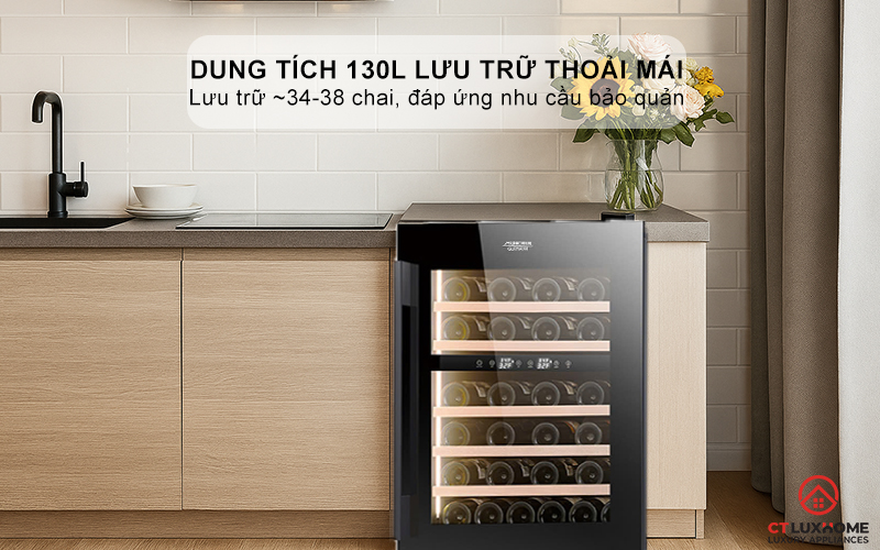 Dung tích 130L lưu trữ thoải mái, lưu trữ ~34-38 chai