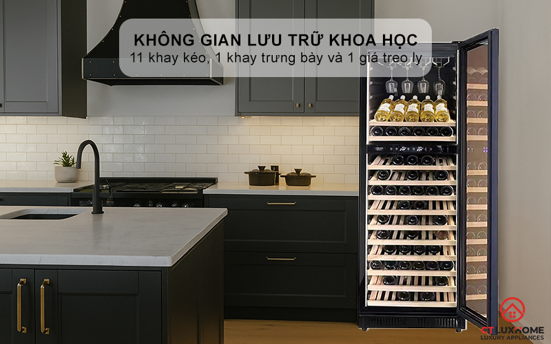 Không gian lưu trữ khoa học với giàn treo ly và khay trưng bày
