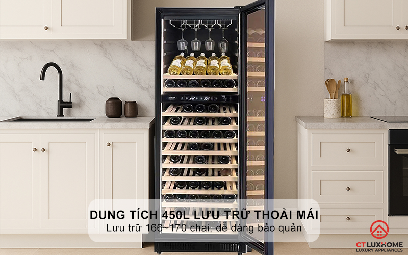 Dung tích 450L lưu trữ thoải mái, lưu trữ 166~170 chai