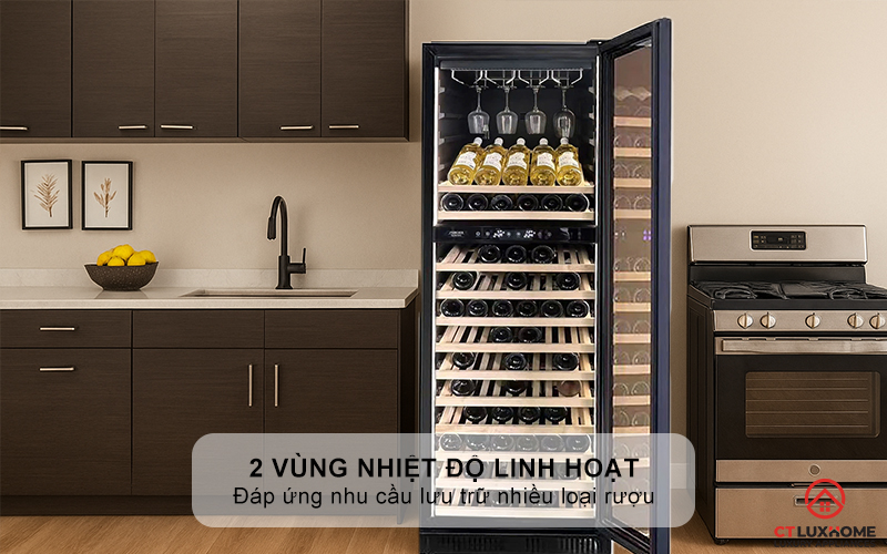 2 vùng nhiệt độ linh hoạt, phù hợp nhiều loại rượu