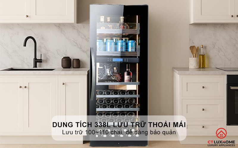 Dung tích 338L thoải mái lưu trữ 100~110 chai