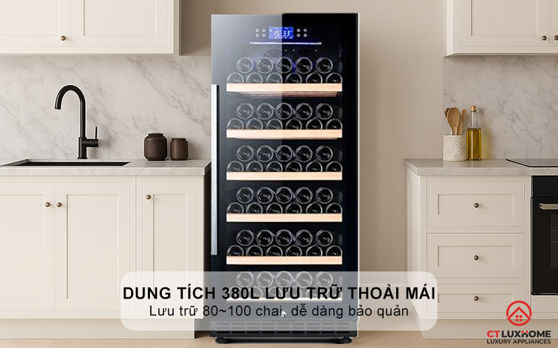 Dung tích 380L thoải mái lưu trữ 80~100 chai