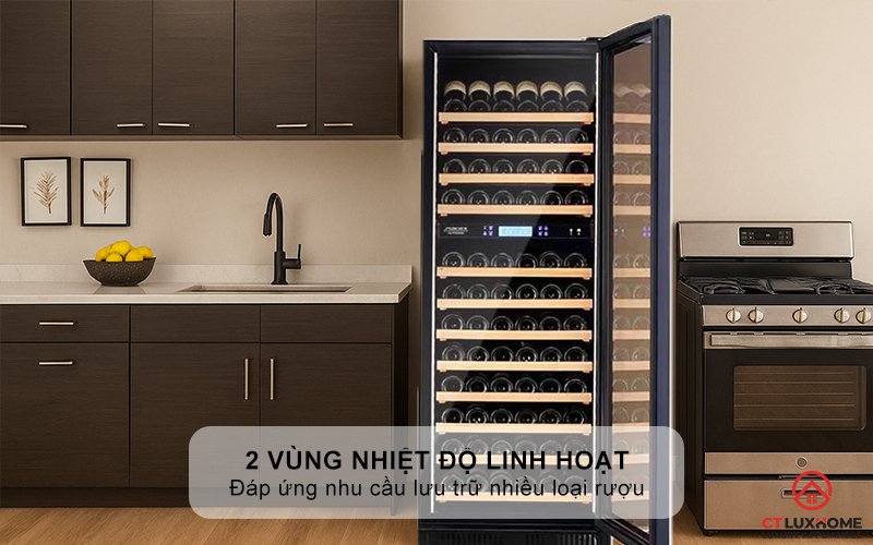 2 vùng nhiệt độ linh hoạt, phù hợp nhiều loại rượu