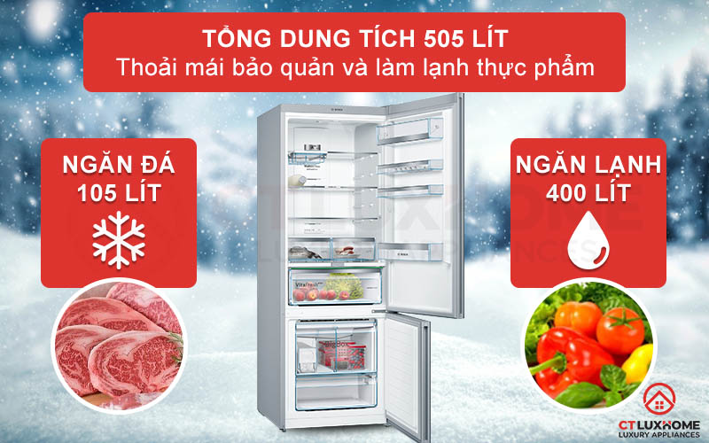 Tủ lạnh Bosch KGN56LB40O có dung tích chứa đến 505 lít