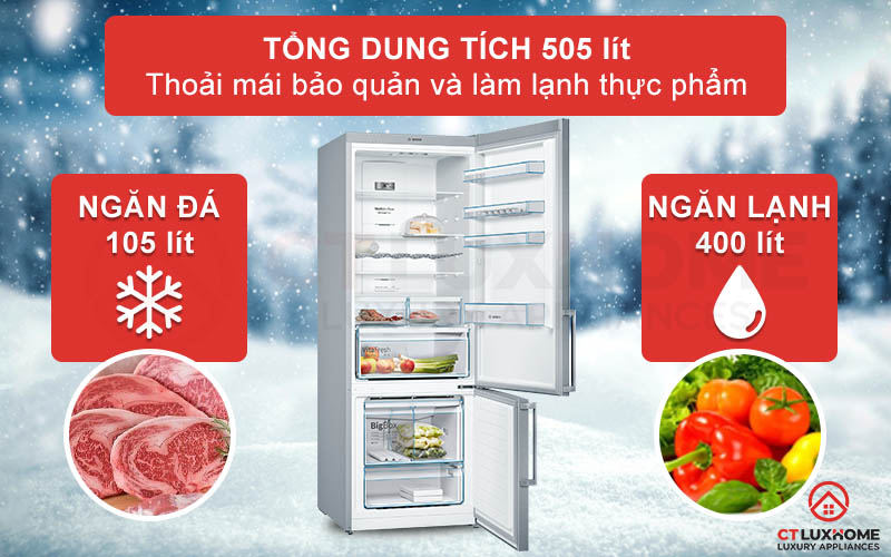 Tủ lạnh Bosch KGN56XI40J có dung tích chứa đến 505 lít