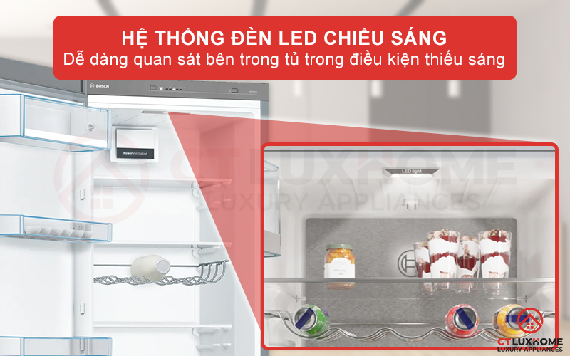 Bên trong khoang tủ được trang bị hệ thống đèn LED chiếu sáng đồng đều và không gây chói mắt