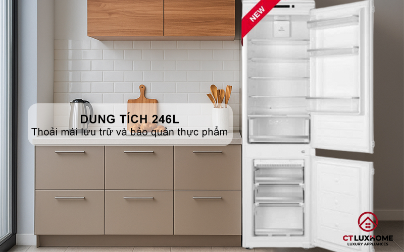 Dung tích 246L gồm 01 ngăn mát, 01 ngăn đông mềm