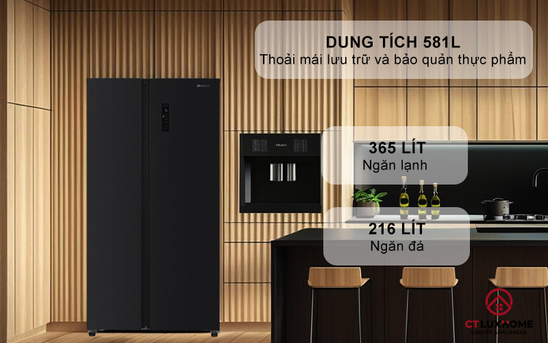 Dung tích 581L gồm 01 ngăn mát, 01 ngăn đông