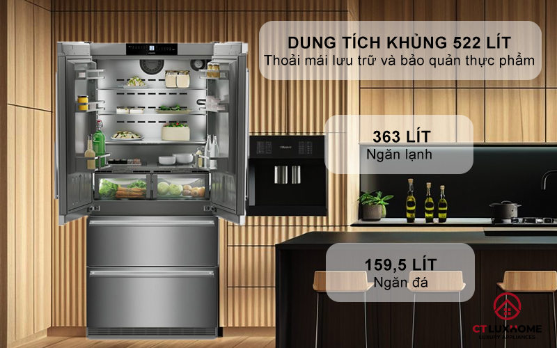 Dung tích tổng 522 lít thoải mái lưu trữ thực phẩm