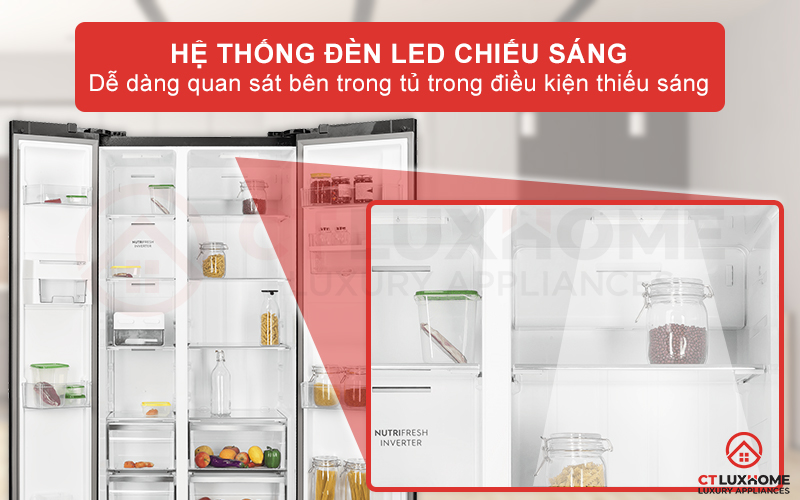 Khoang tủ được trang bị thiên đèn LED chiếu sáng đồng đều ở cả 2 khoang đông và khoang lạnh
