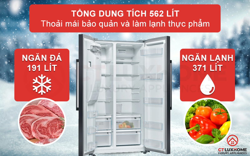 Tủ lạnh Bosch KAI93VBFP được tăng dung tích chứa lên XXL với thể tích thực 562 lít