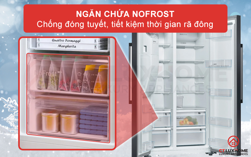 Công nghệ NoFrost của tủ lạnh Bosch KAI93VBFP Serie 6 sẽ hút độ ẩm không khí vào một thiết bị đặc biệt