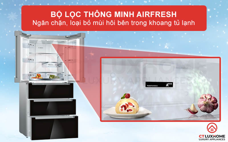 ộ lọc thông minh AirFresh sẽ giúp ngăn chặn và loại bỏ mùi hôi ám bên trong tủ lạnh Bosch KFN86AA76J