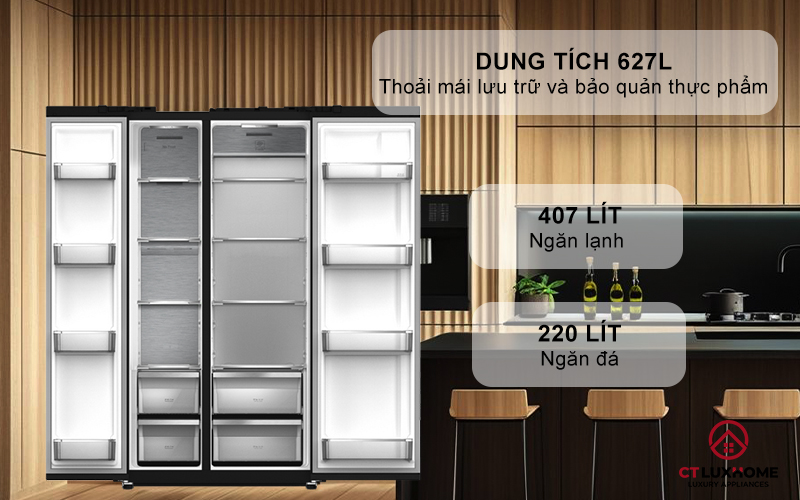 Dung tích 627L thoải mái đựng đồ