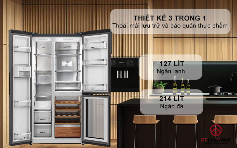 3 trong 1: tủ lạnh dung tích lớn, ngăn đông tiện dụng và ngăn trữ rượu vang