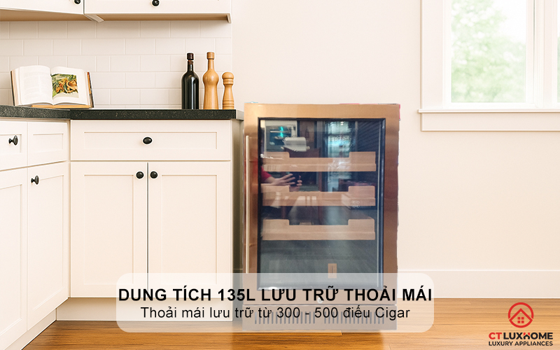 Dung tích 135L, thoải mái lưu trữ từ 300 - 500 điếu Cigar
