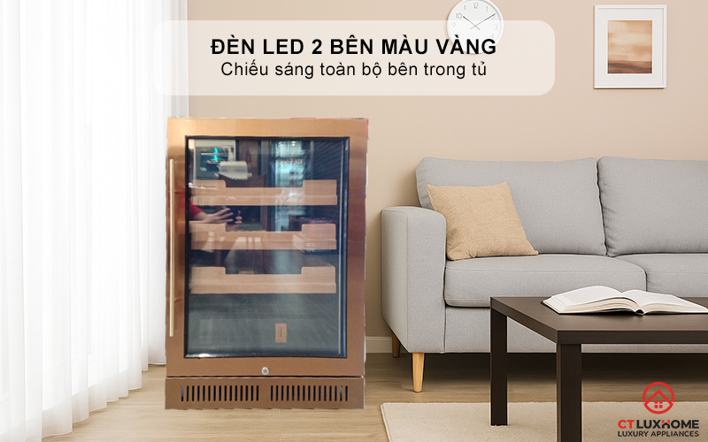 Đèn LED 2 bên màu vàng chiếu sáng toàn bộ bên trong tủ