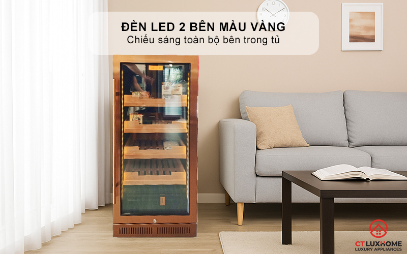 Đèn LED 2 bên màu vàng chiếu sáng toàn bộ bên trong tủ